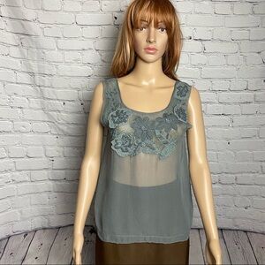 Gold Hawk Embroidery Floral Silk Grey Cami Top Size XS